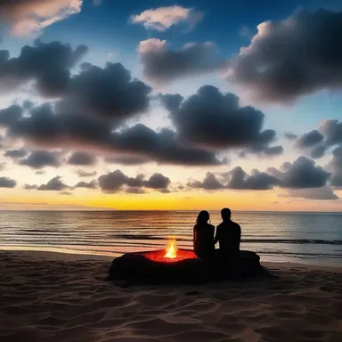 As the sun set, the couple sat on the beach holding hands, staring into the fire's glow and falling in love under the moonlit hole in the clouds.