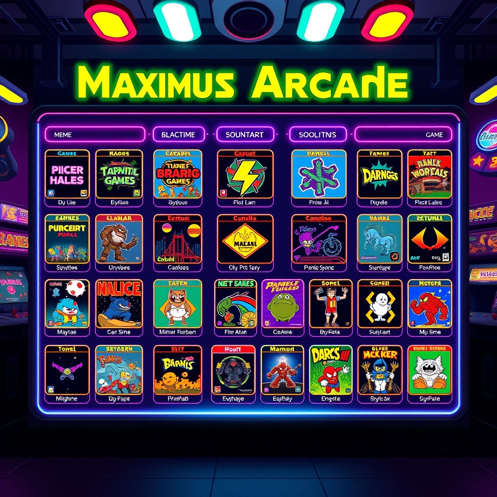 A creative depiction of a retro-style arcade game selection menu inspired by Maximus Arcade