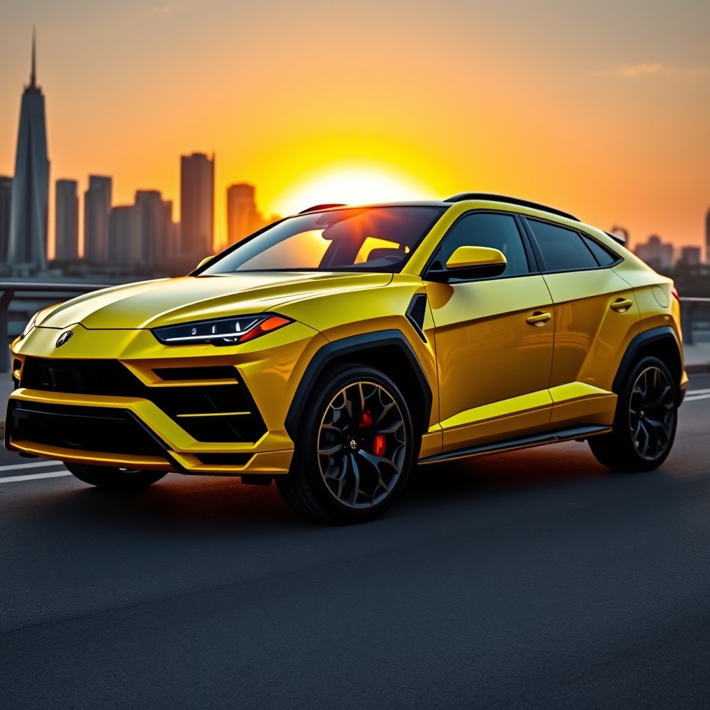 A Lamborghini Urus styled as if it were designed in the 1980s, featuring angular lines, vibrant colors like bright yellow and neon green, and retro design elements such as pop-up headlights, sharp edges, and distinctive wheel designs