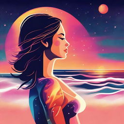 Craft a cosmic illustration of a side-profile woman at a beach during sunset in outer space. Her skin glows as if made from vibrant, flickering flames.