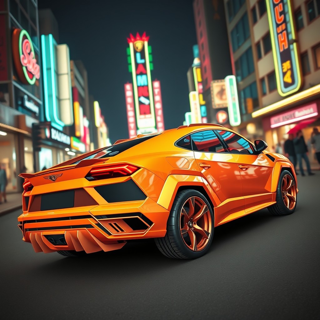 A Lamborghini Urus designed in the 1980s, showcasing a bold and angular aesthetic with sharp lines and a retro color palette