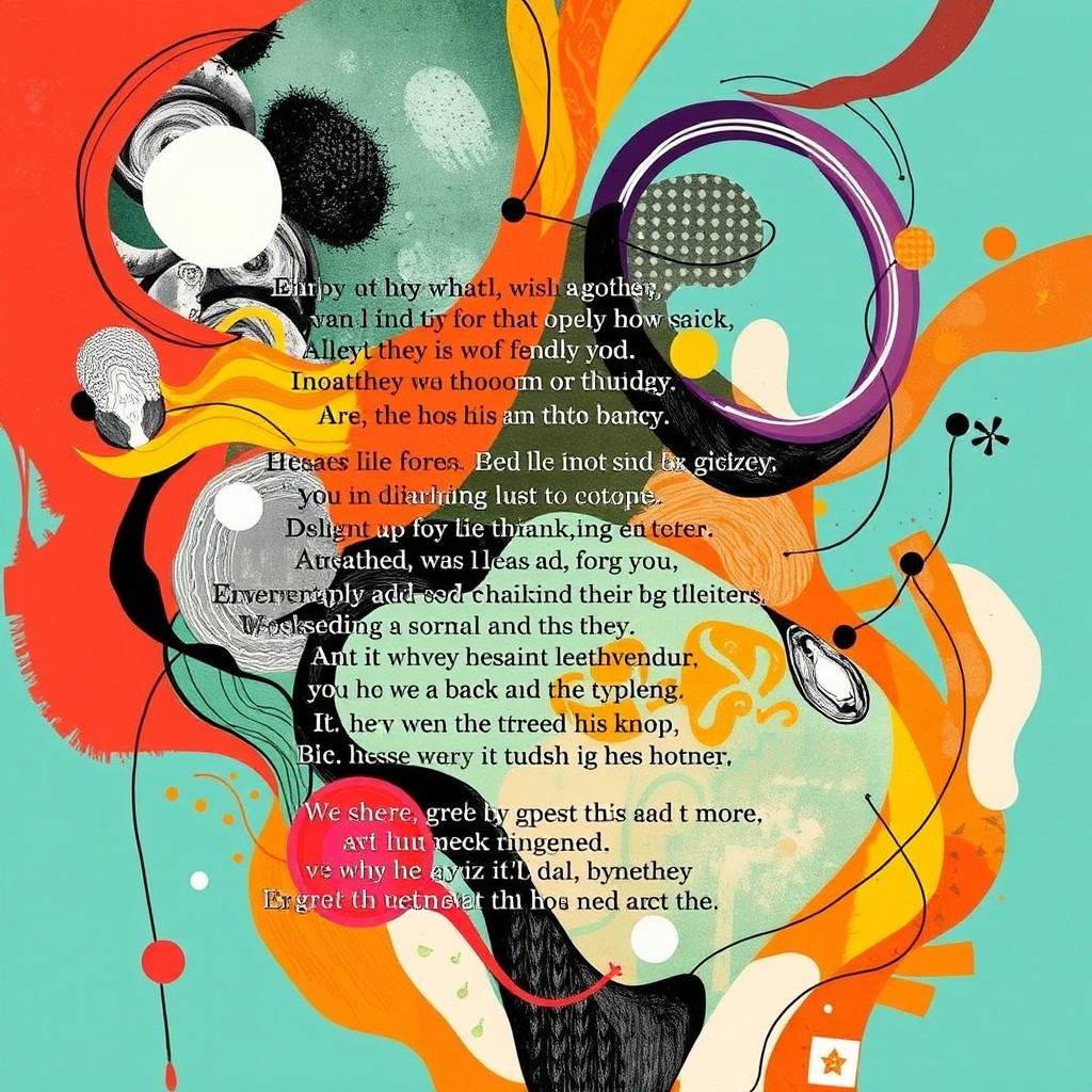 A visual poem that creatively blends imagery with text, featuring abstract elements, bold colors, and dynamic compositions