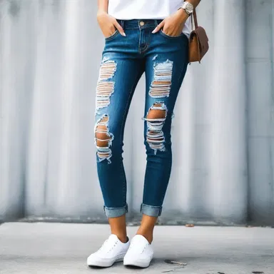 Ripped jeans are currently in style, with small holes intentionally created for a distressed look.