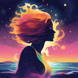 Craft a cosmic illustration of a side-profile woman at a beach during sunset in outer space. Her skin glows as if made from vibrant, flickering flames.