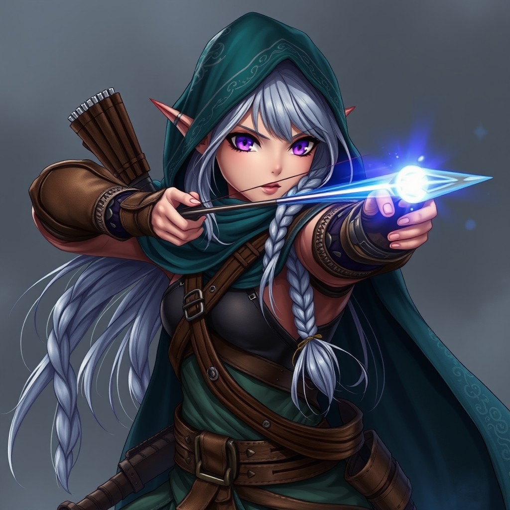 A female Pathfinder elf eldritch archer in anime style, showcasing her long stringy silver hair which is braided elegantly