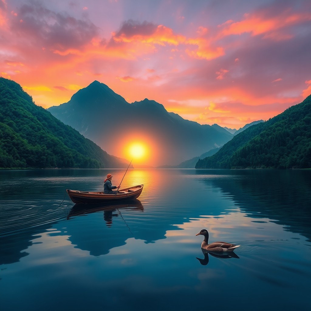 A vibrant landscape featuring a serene lake surrounded by lush green mountains, the sun setting in the background with colors of orange, pink, and purple in the sky