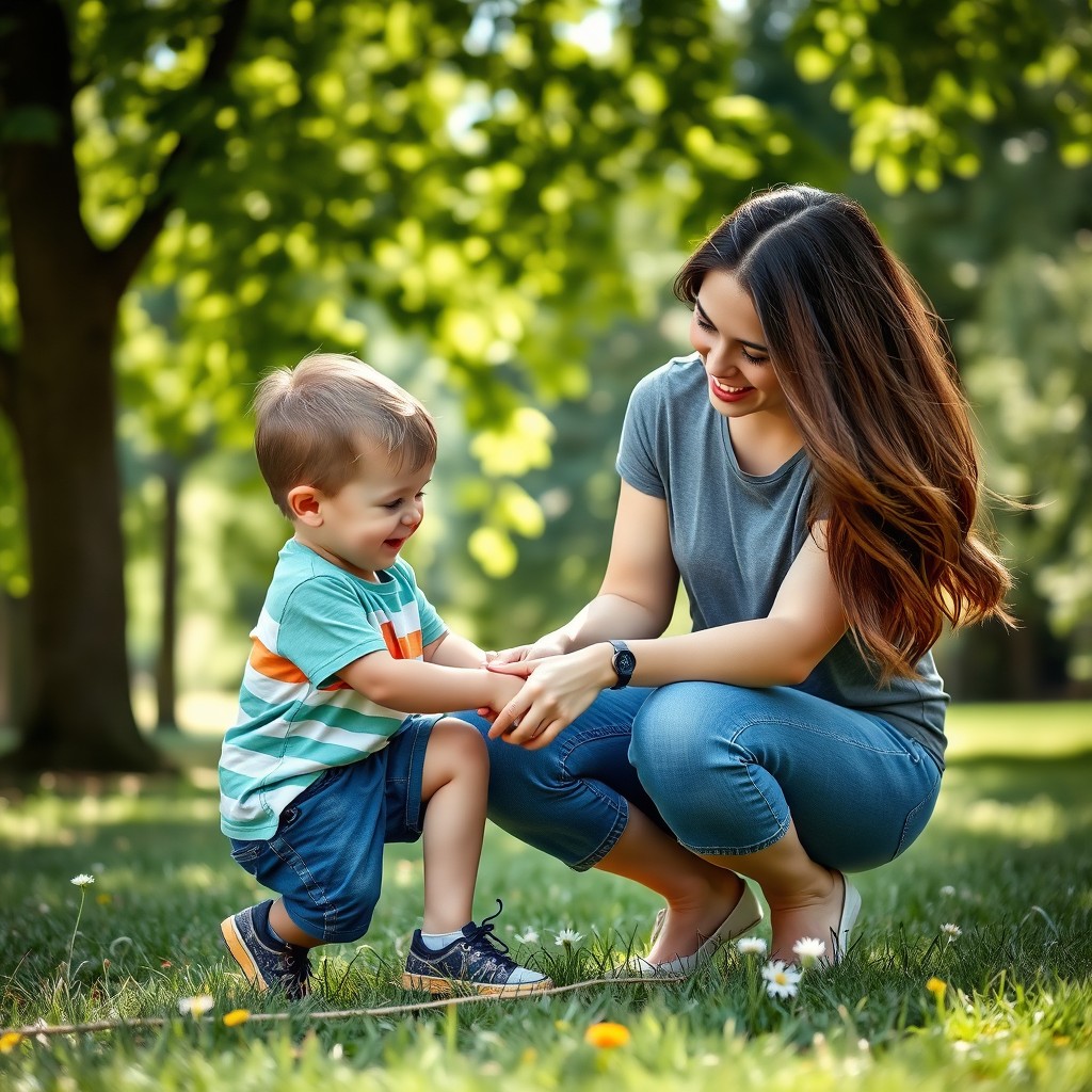 A warm and tender scene of a woman lovingly interacting with her young son in a cozy park