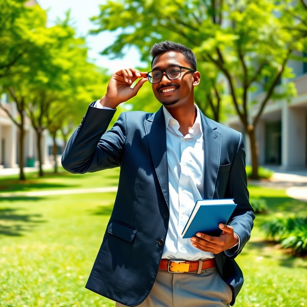 A stylish Bengali black college student wearing a crisp uniform that includes a tailored blazer, a white shirt, and smart trousers