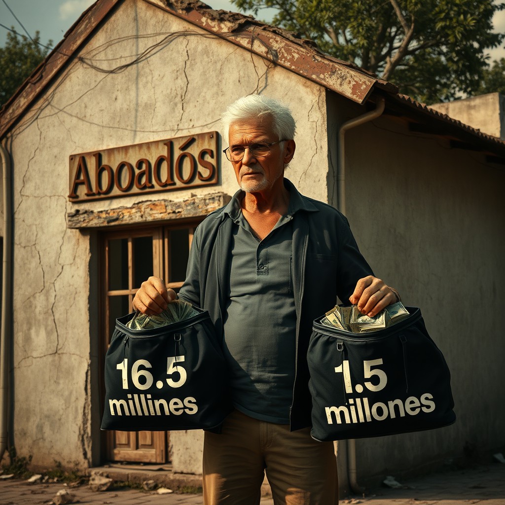 A scene depicting a man with very short white hair standing next to a single-story building in semi-ruin
