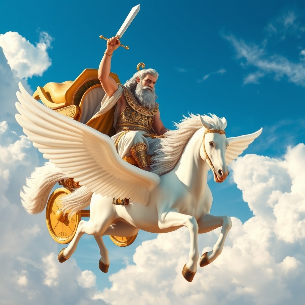 Zeus in a majestic flying chariot, pulled by a magnificent white Pegasus soaring through a bright blue sky
