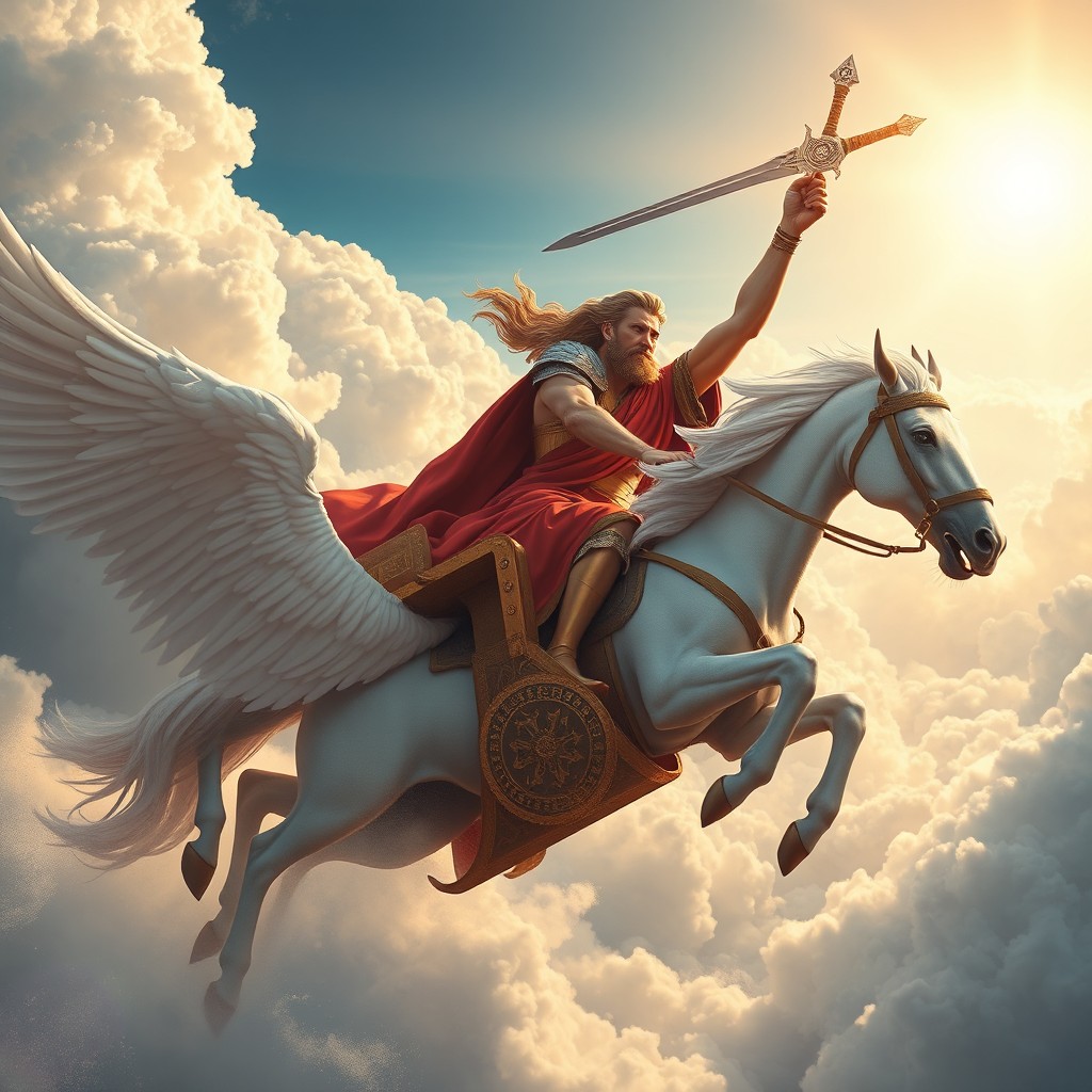 Zeus, the mighty Greek god, depicted in a magnificent flying chariot pulled by a powerful and majestic Pegasus, soaring high above the clouds