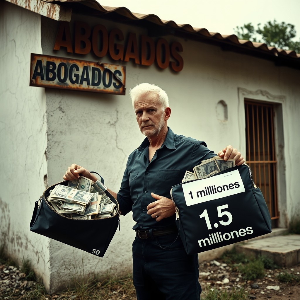 A scene featuring a man with very short white hair standing next to a single-story building in semi-ruin