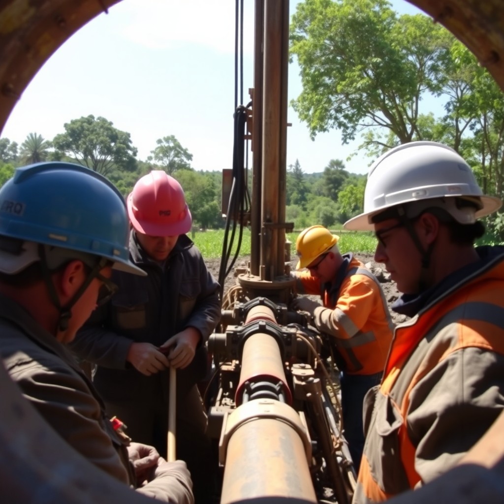 A scene depicting workers in a mechanical well, engaged in drilling operations