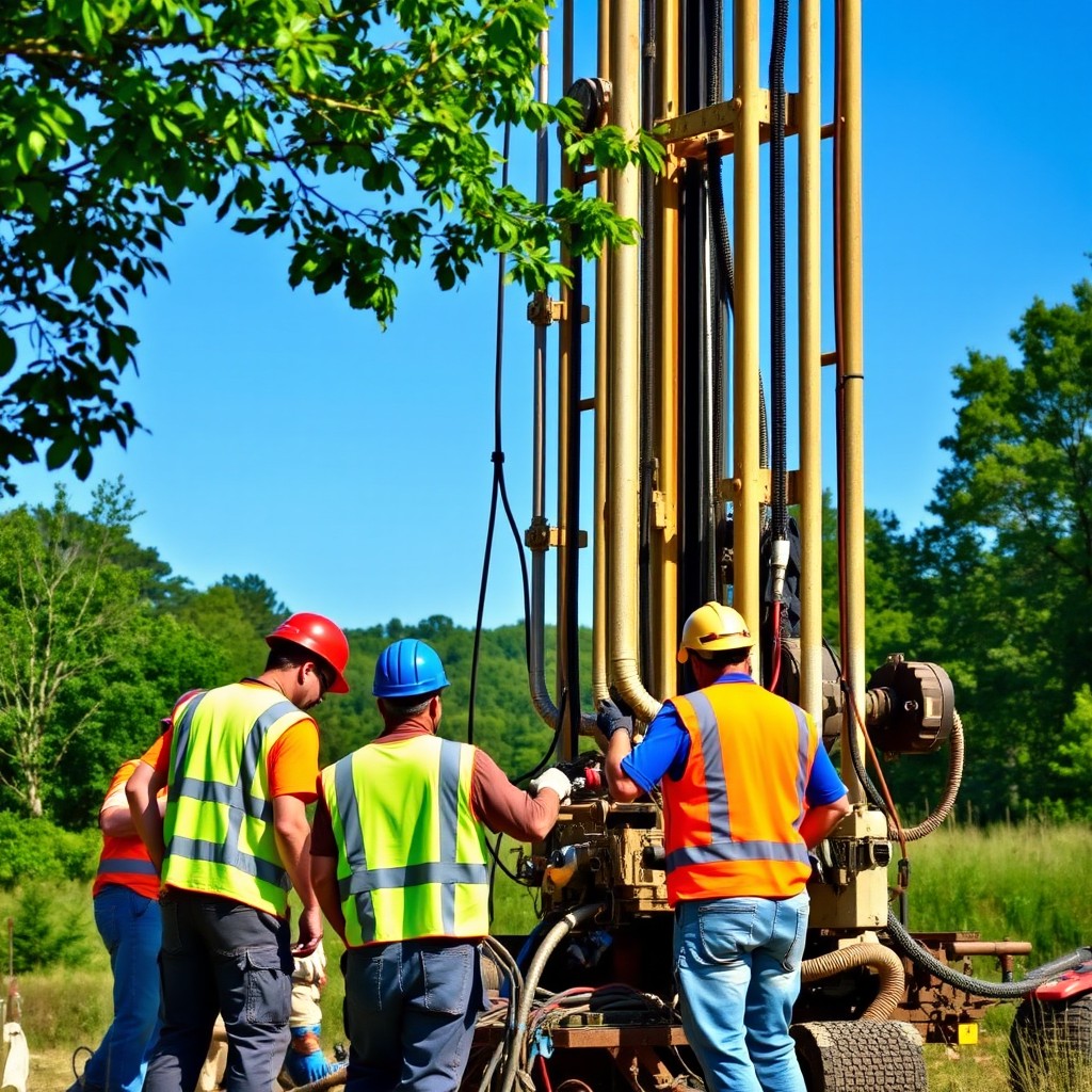 A scene depicting workers operating a mechanical well drilling rig in a natural outdoor setting