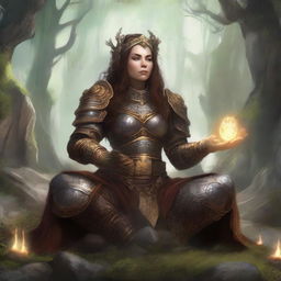 dwarven female kineticist meditates wearing her heavy armor while energy from nature soars around