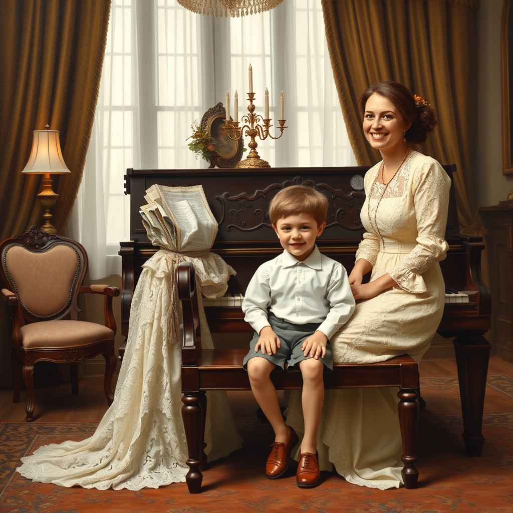 A Victorian-style oil painting depicting a joyful mother and her young son beside a grand piano