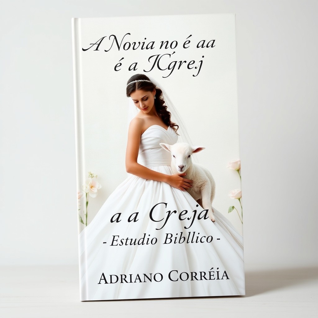 A book cover design featuring a beautiful bride dressed in a flowing white gown, elegantly posed beside a fluffy white lamb, symbolizing purity and innocence