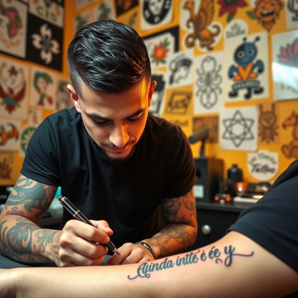 A tattoo artist with a focused expression, signing a freshly completed tattoo on a person's arm