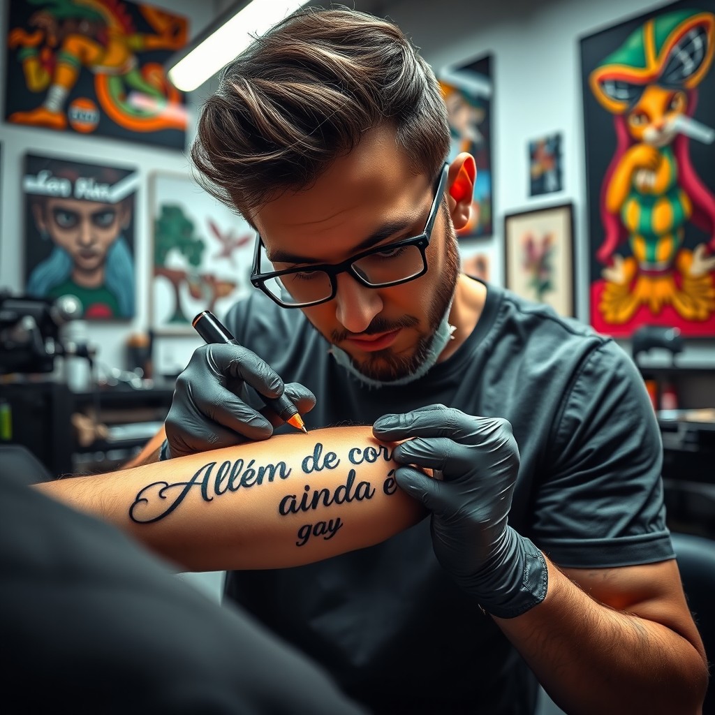 A scene depicting a tattoo artist in a modern tattoo studio, carefully signing a tattoo on a person's arm