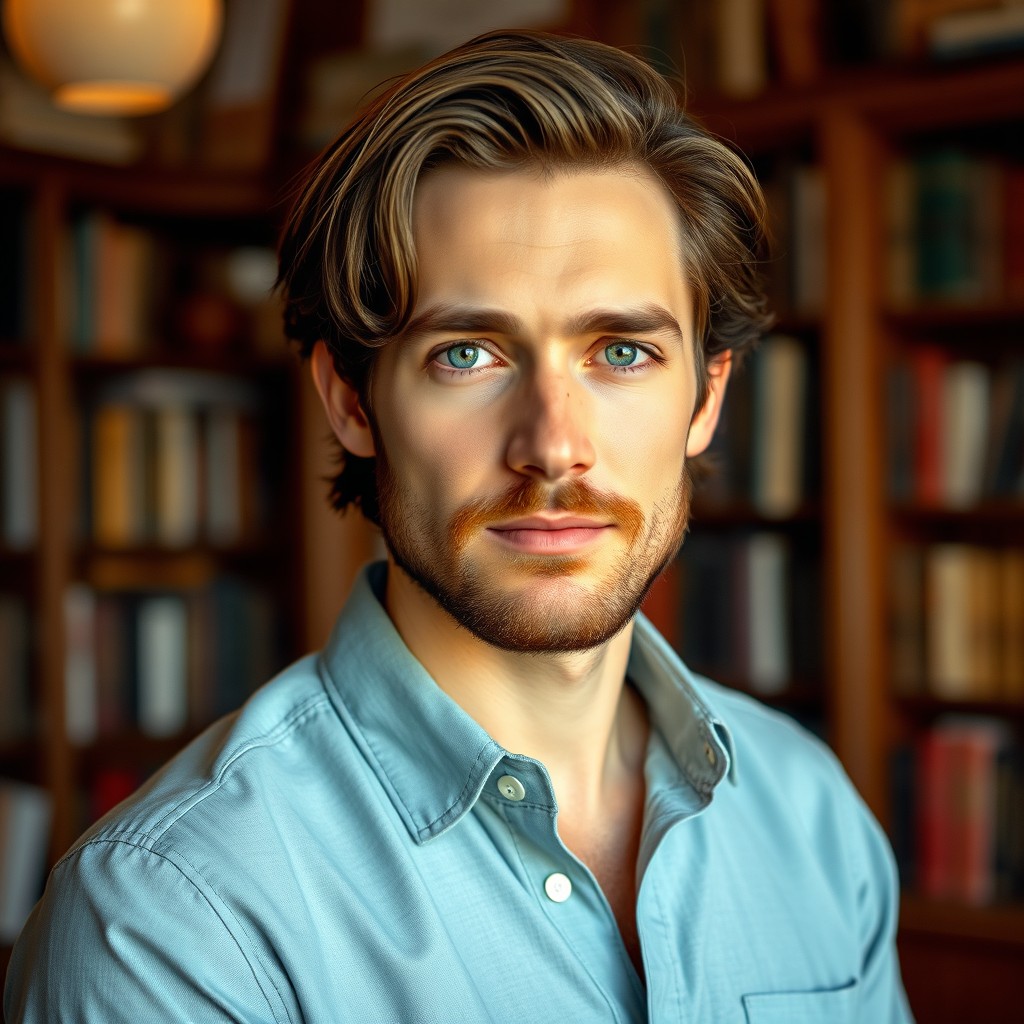 A realistic portrait of a man named Henry, showcasing his thoughtful expression, with medium-length brown hair and a well-groomed beard
