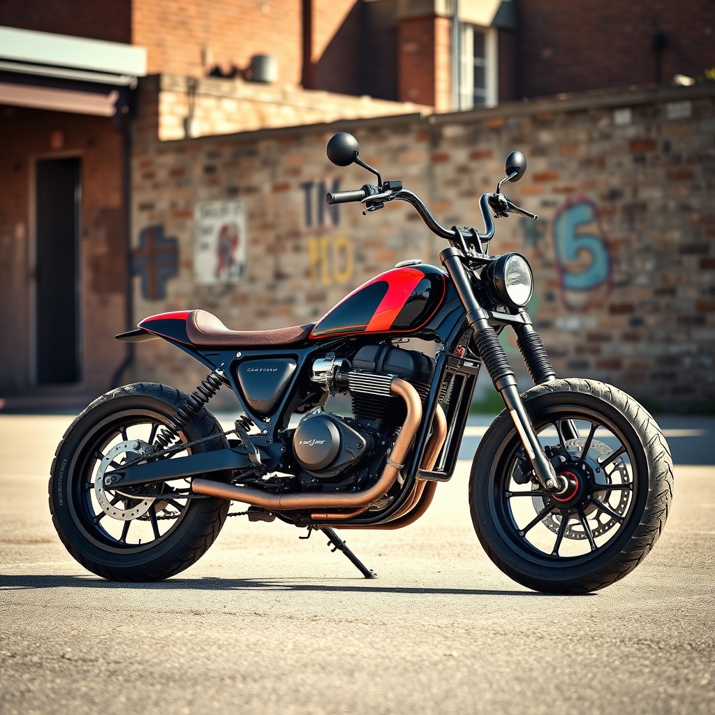 A customized bobber motorcycle, showcasing a sleek and minimalist design, featuring a unique elongated frame, low-slung profile, and a distinctive solo seat
