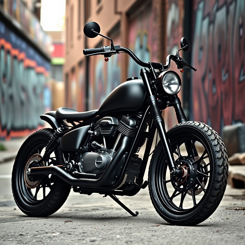 A customized bobber motorcycle with a sleek design, featuring a matte black finish and chrome accents