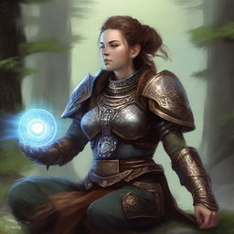 dwarven female kineticist meditates wearing her heavy armor while energy from nature soars around