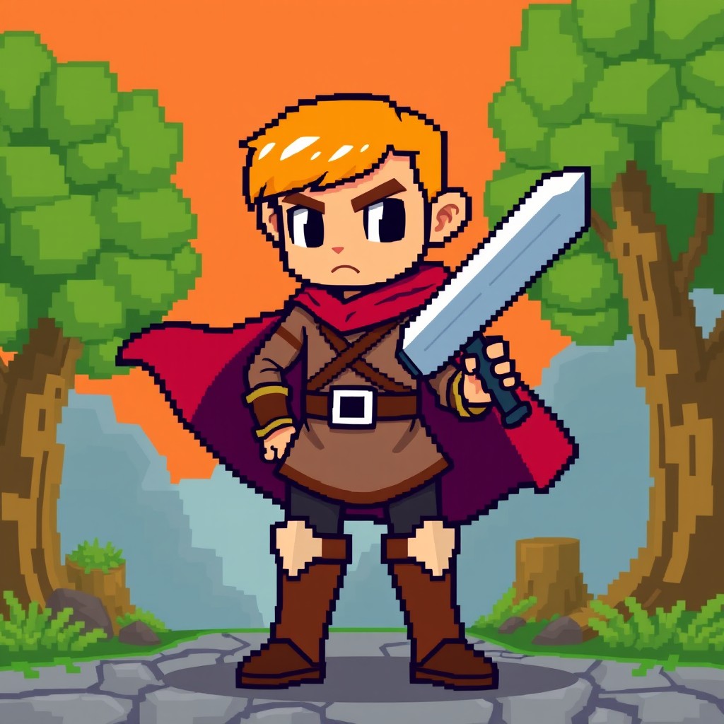 An 8-bit pixelated hero character designed for retro video games