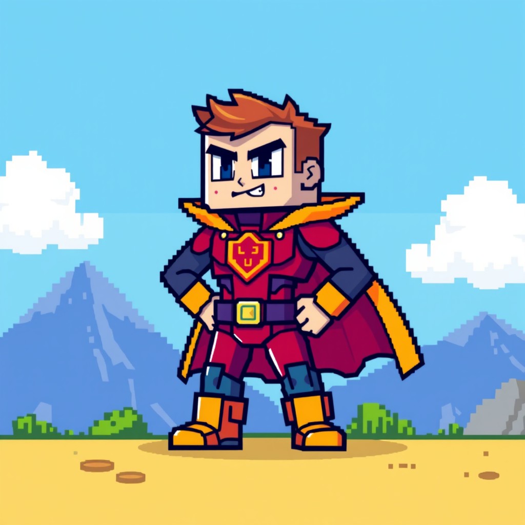 An 8-bit pixel art style hero character designed for retro video games, featuring a vibrant color palette