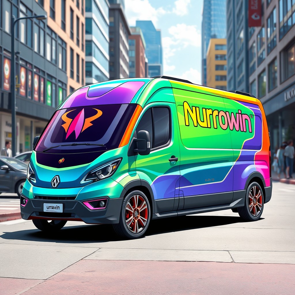A vibrant and detailed illustration of a stylish Urvan van, featuring prominent and colorful logos of Neurowin on its exterior