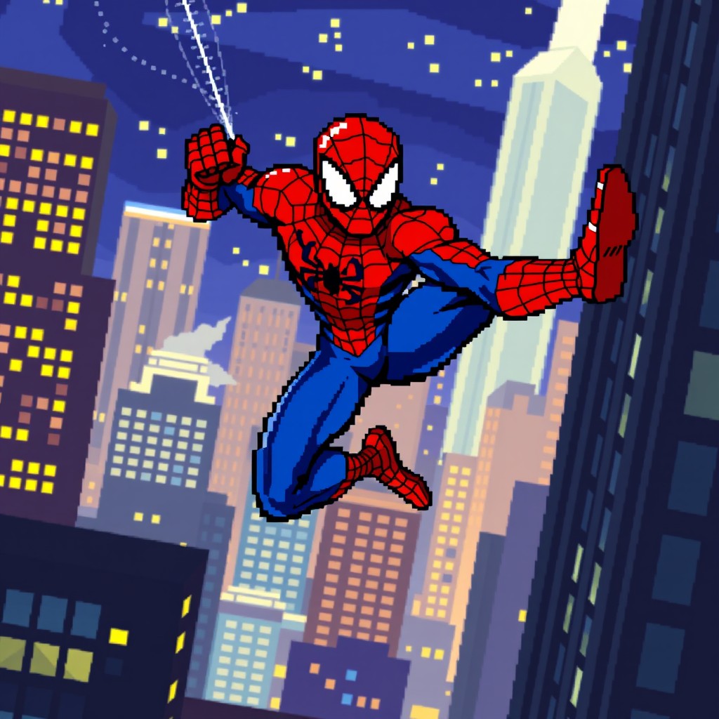 A pixel art depiction of Spider-Man, showcasing his iconic red and blue suit with web patterns, swinging through a vibrant city skyline at night