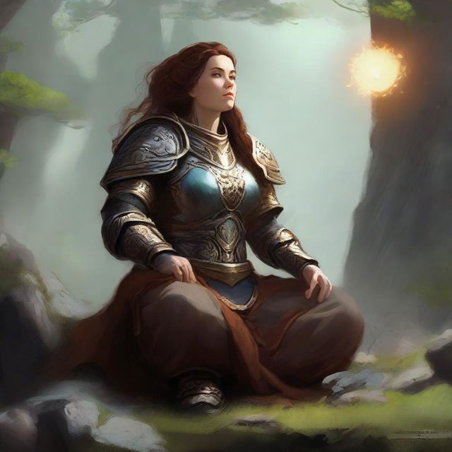 dwarven female kineticist meditates wearing her heavy armor while energy from nature soars around