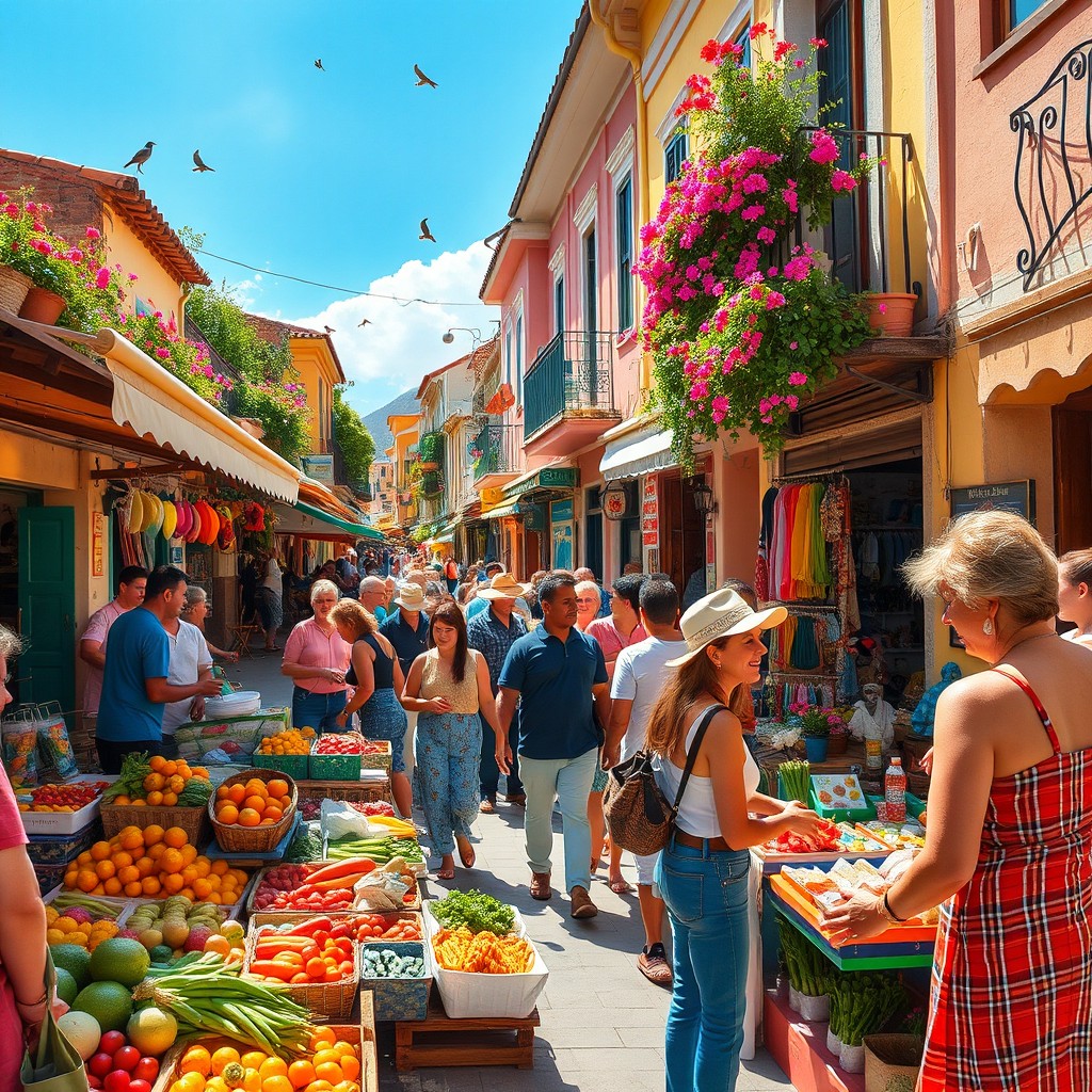 A vibrant and lively street market scene in a colorful town