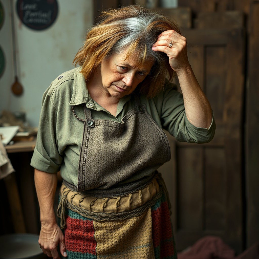A tall, haggard woman in a tattered shirt and a patchwork knit skirt, wearing a coarse apron that covers half of the skirt
