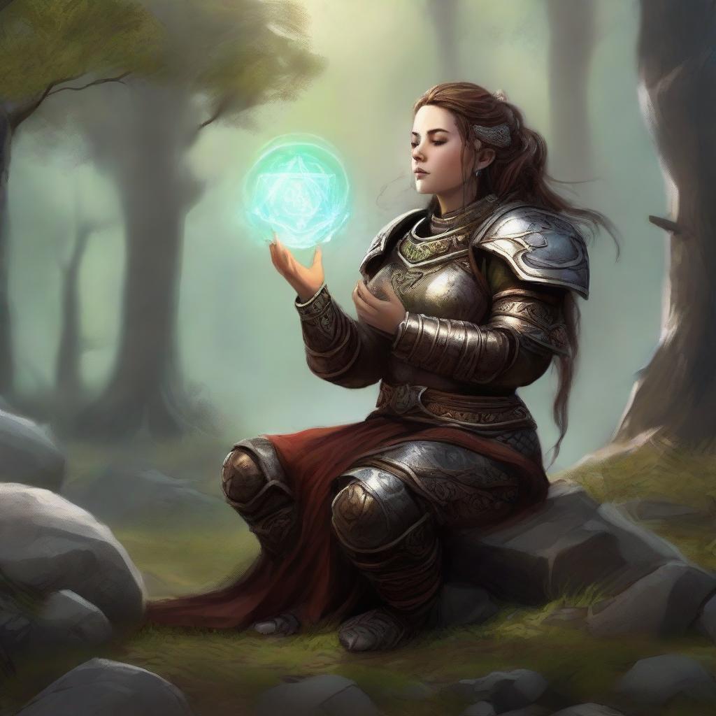 dwarven female kineticist meditates wearing her heavy armor while energy from nature soars around