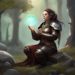 dwarven female kineticist meditates wearing her heavy armor while energy from nature soars around