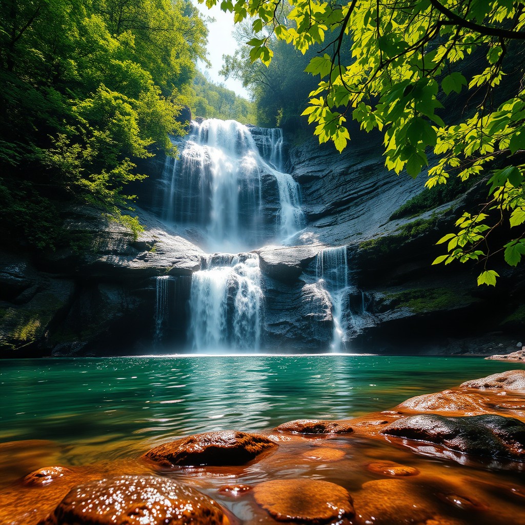 A breathtaking view of a serene waterfall cascading over rocky cliffs surrounded by lush green foliage