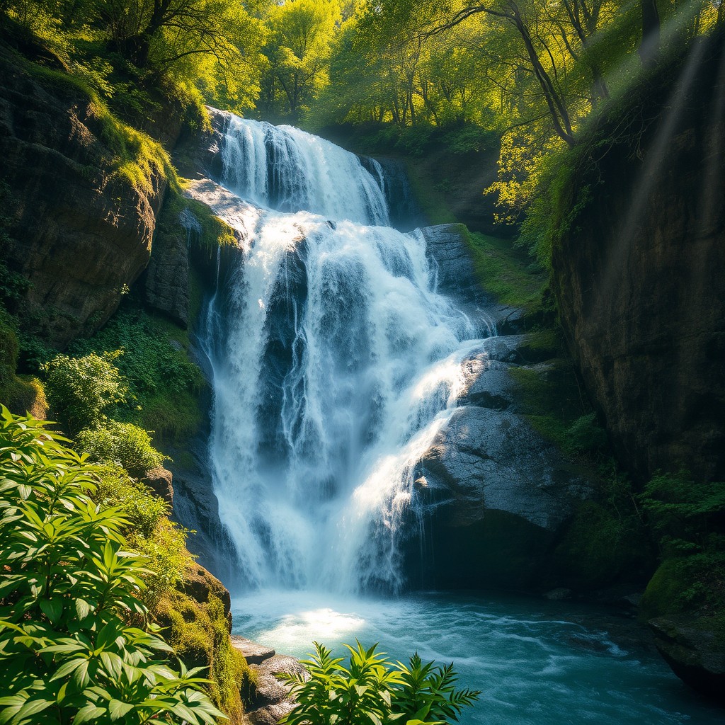 A scenic view of a stunning waterfall cascading down rocky cliffs, surrounded by lush greenery, with sunlight filtering through the trees creating a magical atmosphere