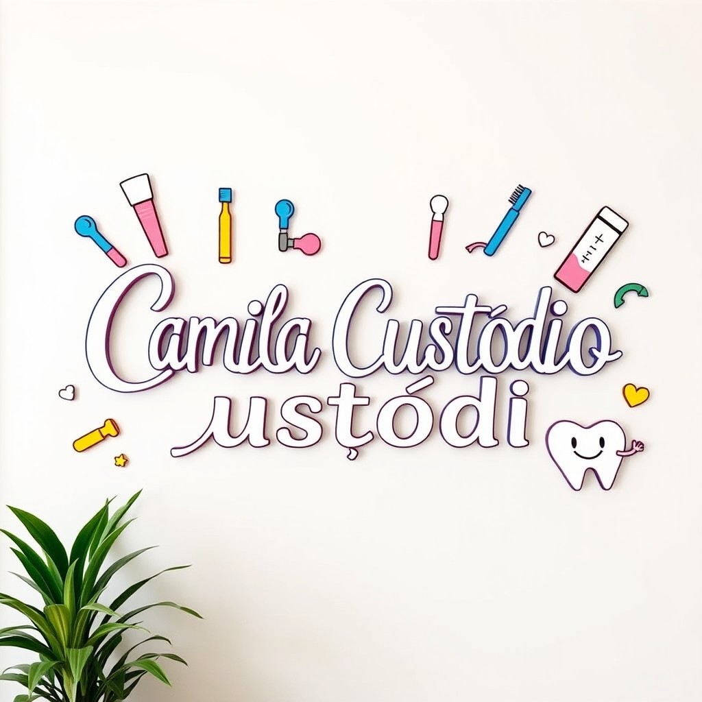 A cute dental sign featuring the name 'Camila Custódio' elegantly displayed in a playful font
