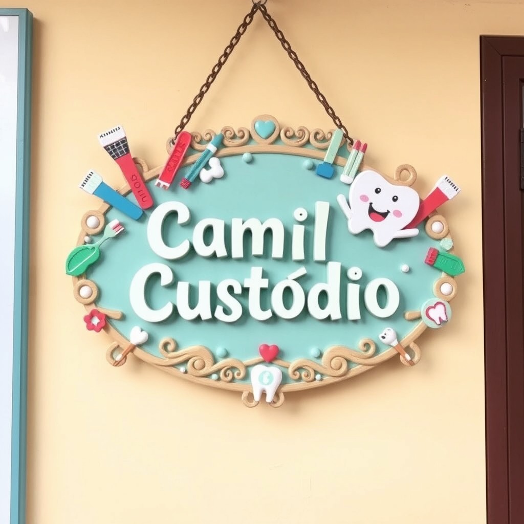 A whimsical and colorful dentist office sign featuring the name 'Camila Custódio'