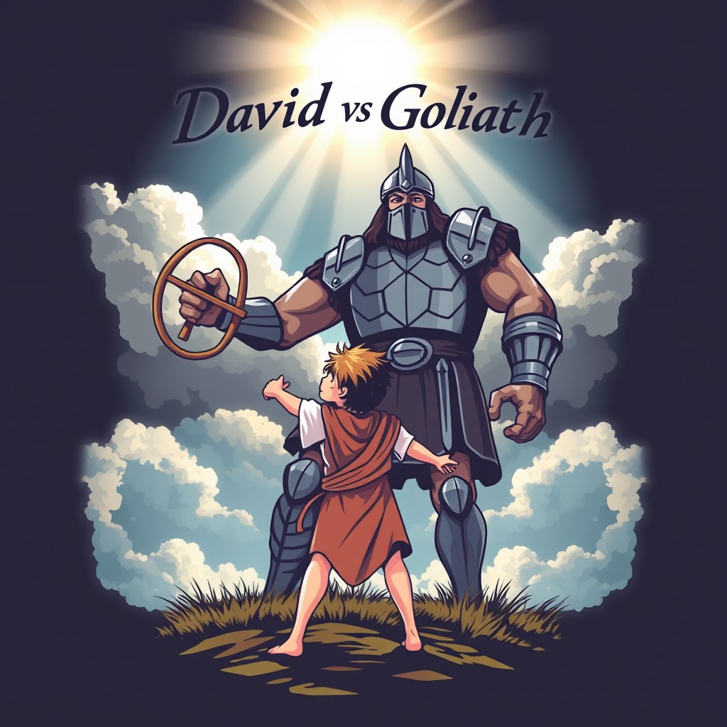 A t-shirt design featuring the epic story of David and Goliath, showcasing a dynamic illustration of David, a young shepherd boy with a slingshot, standing triumphantly against the giant Goliath, who is clad in heavy armor