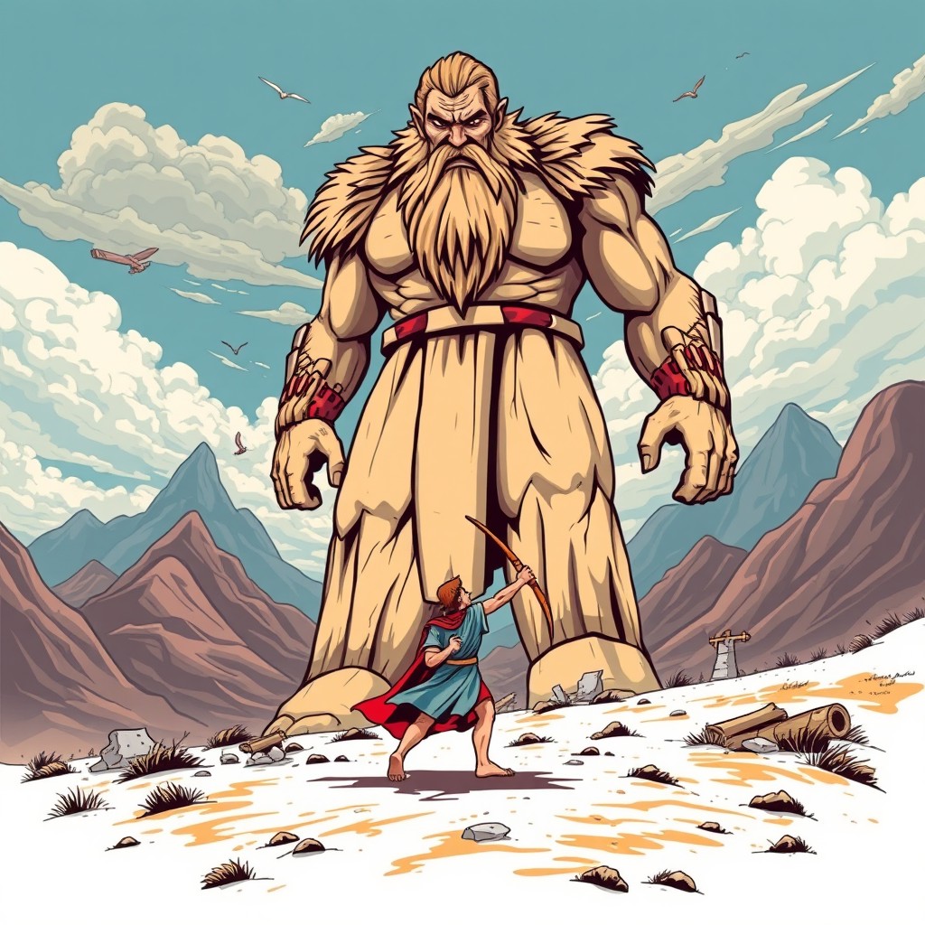 A t-shirt design featuring the biblical story of David and Goliath