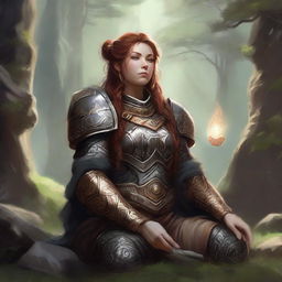 dwarven female kineticist meditates wearing her heavy armor while energy from nature soars around