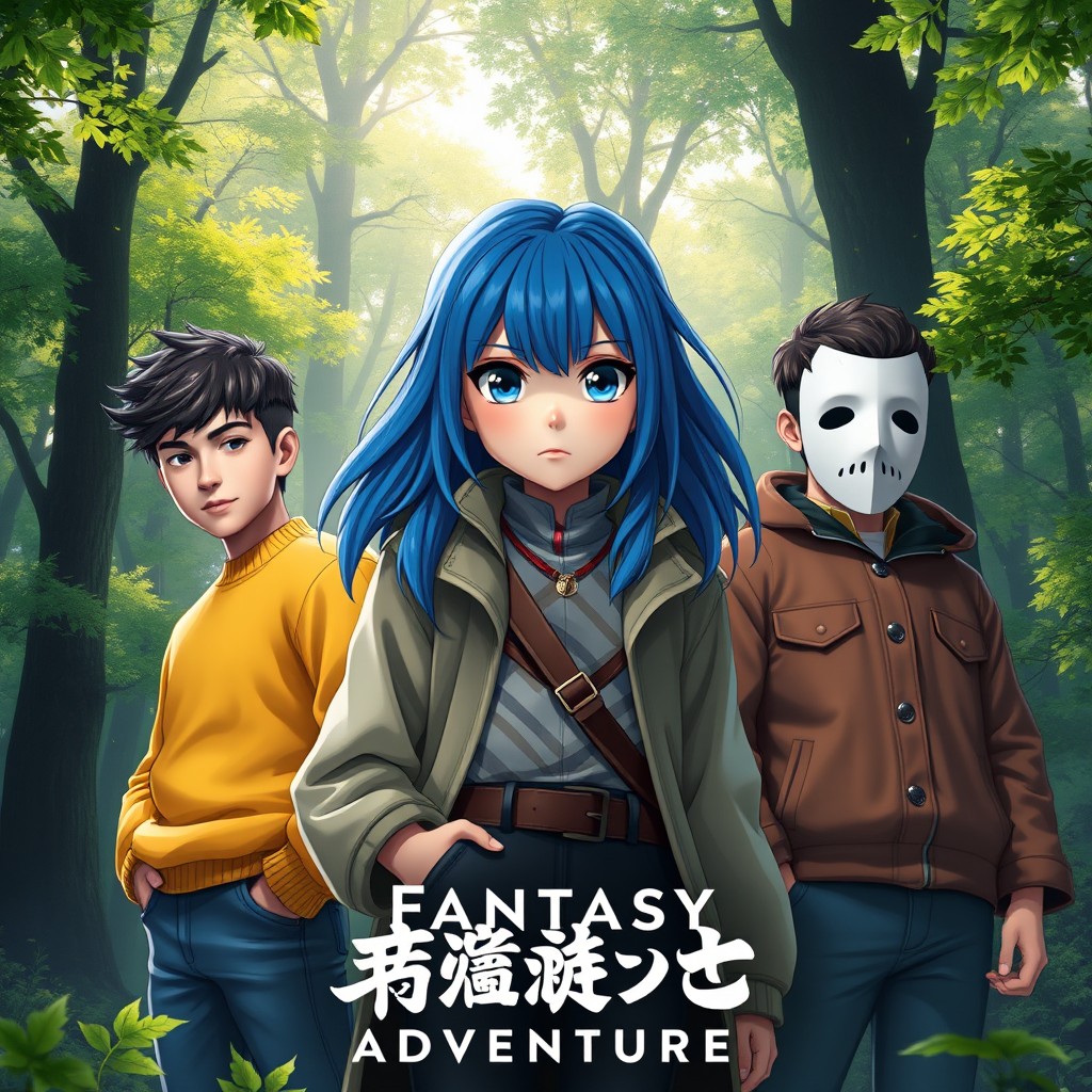 A poster for a fantasy adventure series featuring three main heroes against a mystical forest backdrop