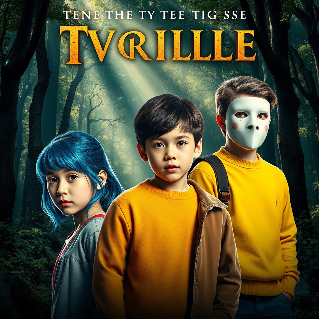 A poster design for a thrilling TV series featuring three main characters set against a mystical forest background