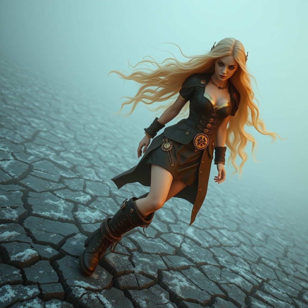 A 3D-rendered steampunk woman with flowing golden hair and luminous, minimally textured skin gracefully moves across a frost-covered terrain