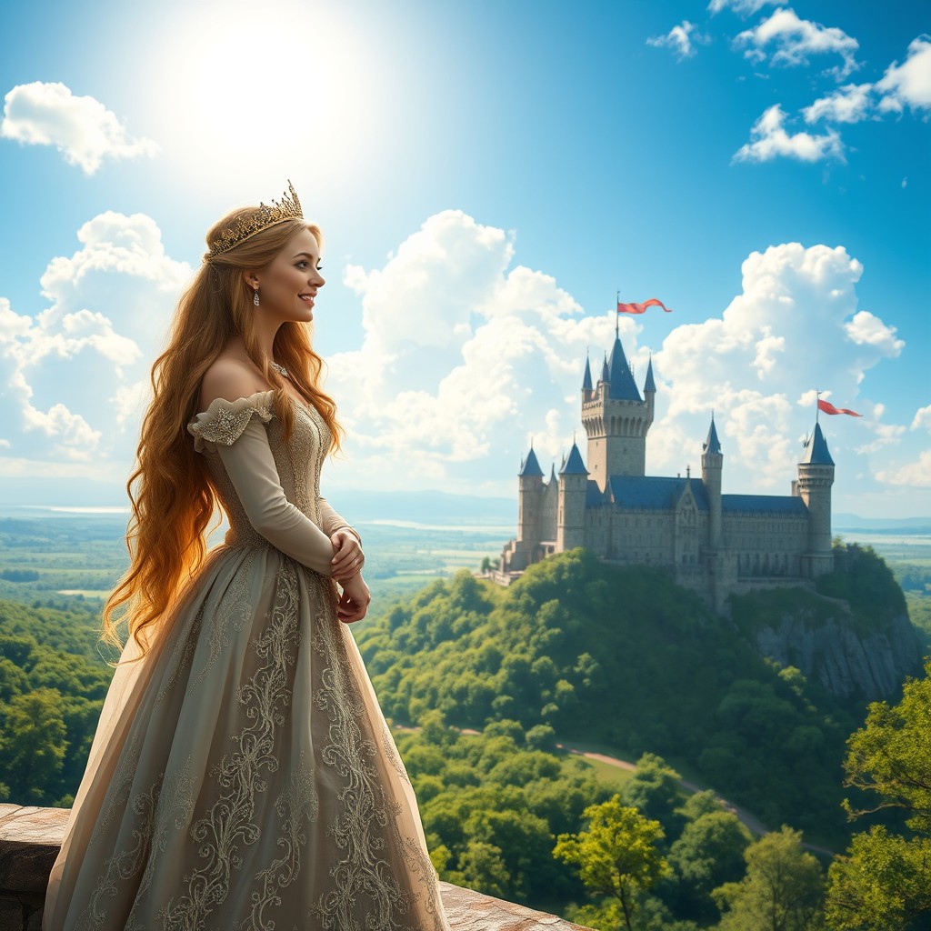 A medieval princess standing gracefully on a stone balcony overlooking a lush, green valley