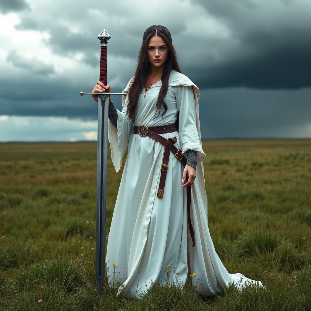 A medieval warrior princess with long dark hair, wearing a stunning white gown that blends elegance with readiness for battle