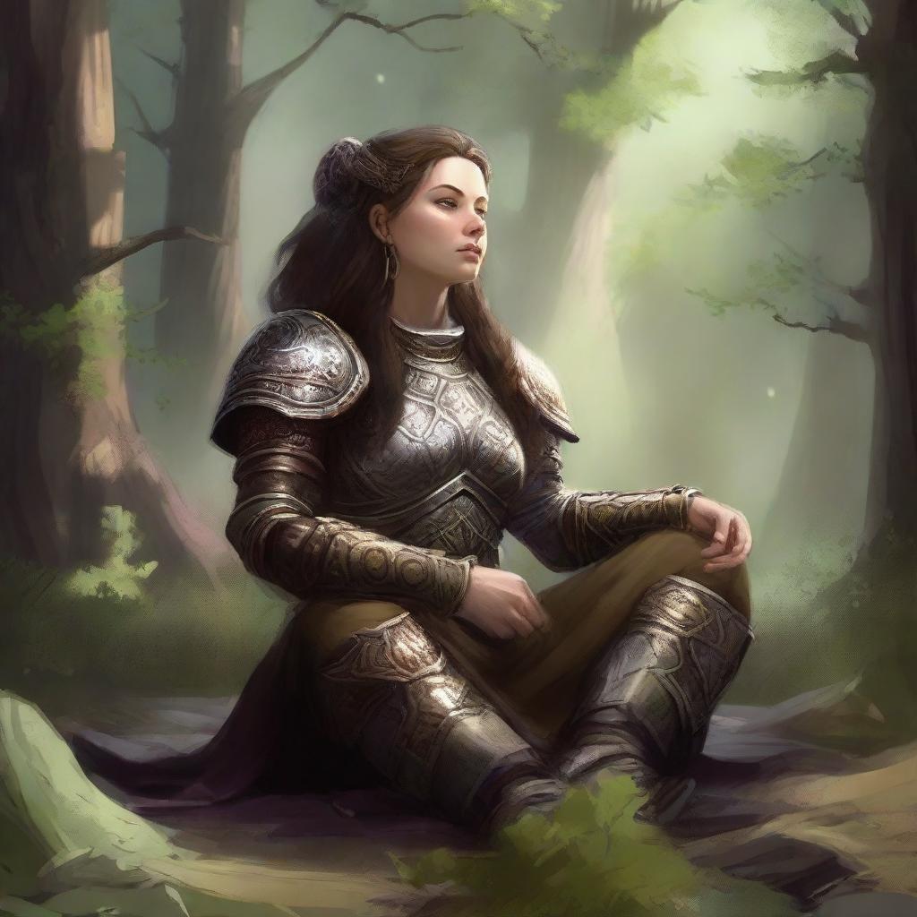 dwarven female kineticist meditates wearing her heavy armor while energy from nature soars around