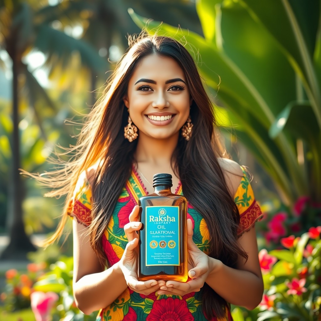 A beautiful woman from Brazil, proudly holding a bottle of Raksha Oil Company in her hands